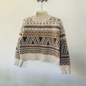 Marled Cream & Brown Patterned Mock Neck Sweater